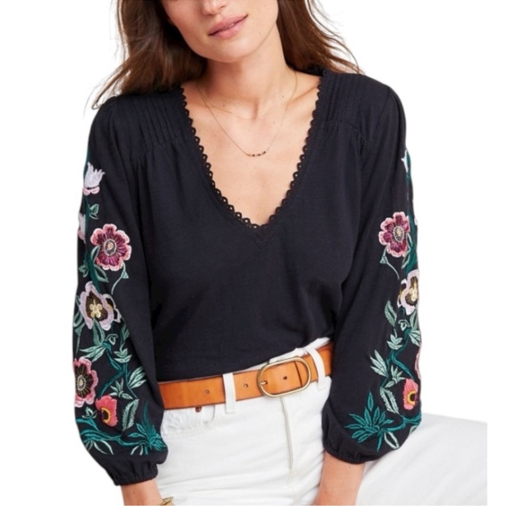 Anthropologie Elegant Black top with floral embroidery